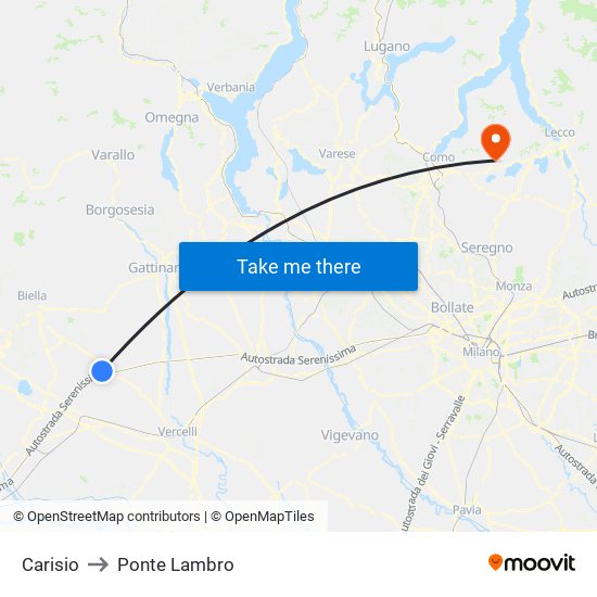 Carisio to Ponte Lambro map