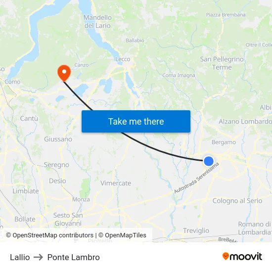 Lallio to Ponte Lambro map
