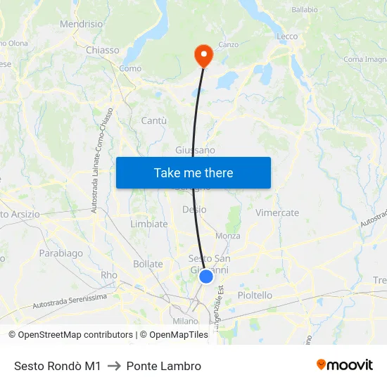 Sesto Rondò M1 to Ponte Lambro map