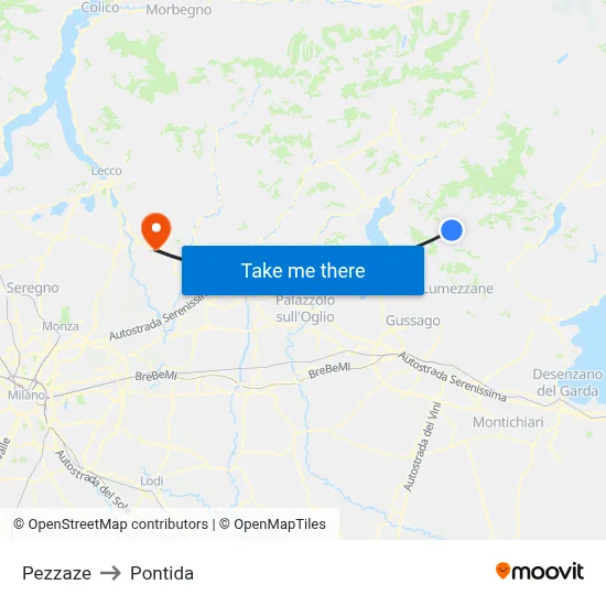 Pezzaze to Pontida map