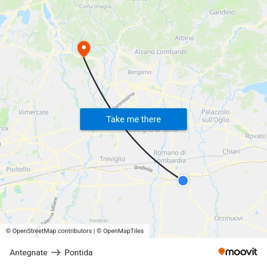 Antegnate to Pontida map