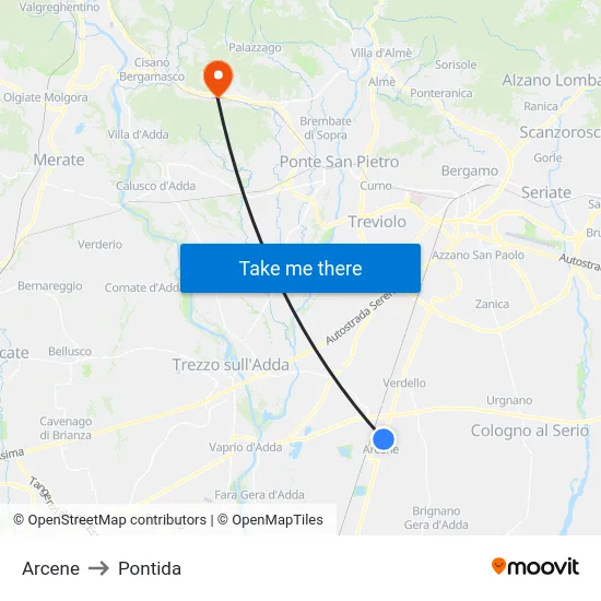 Arcene to Pontida map