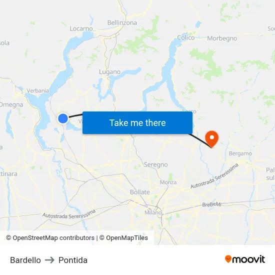 Bardello to Pontida map