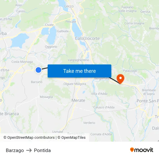 Barzago to Pontida map