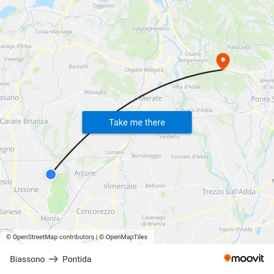 Biassono to Pontida map