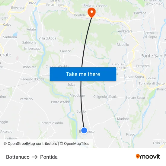 Bottanuco to Pontida map