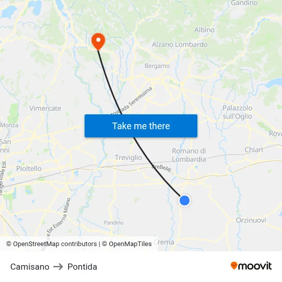 Camisano to Pontida map