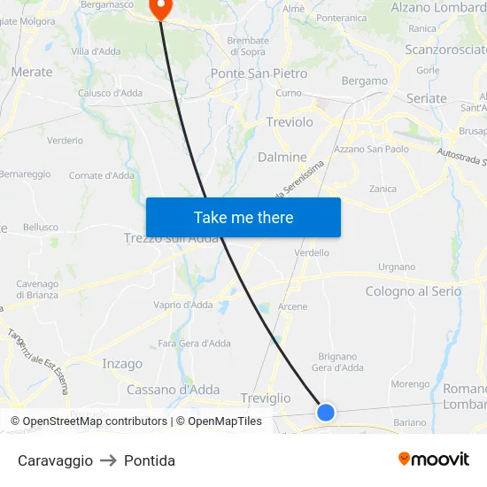 Caravaggio to Pontida map