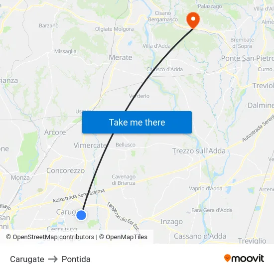 Carugate to Pontida map
