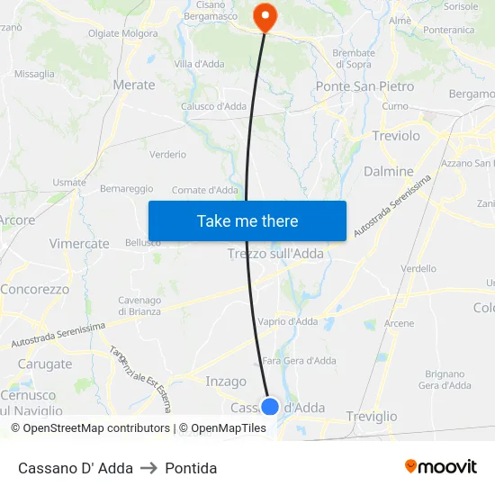 Cassano D'Adda to Pontida map