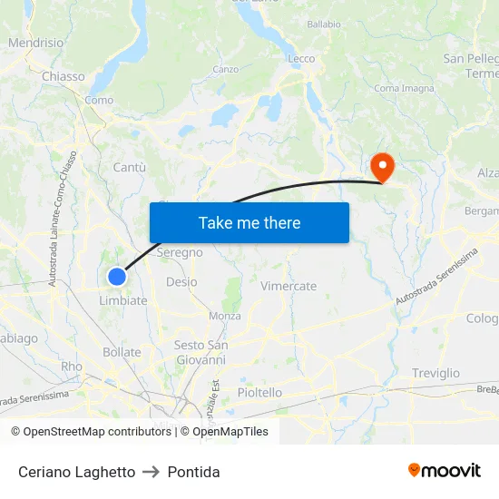Ceriano Laghetto to Pontida map