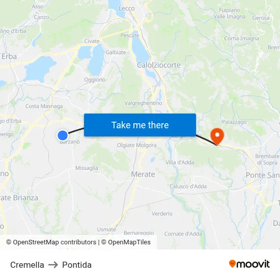 Cremella to Pontida map