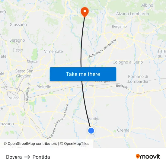 Dovera to Pontida map