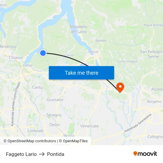 Faggeto Lario to Pontida map