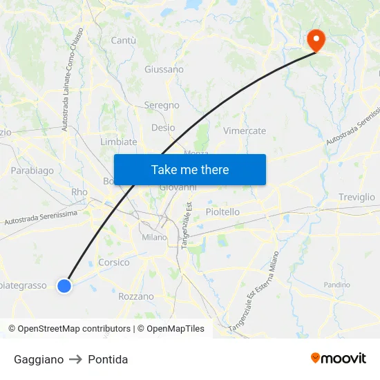 Gaggiano to Pontida map