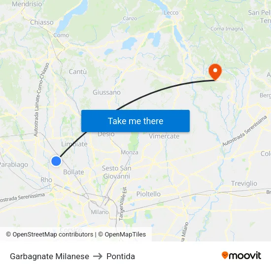 Garbagnate Milanese to Pontida map