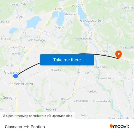 Giussano to Pontida map