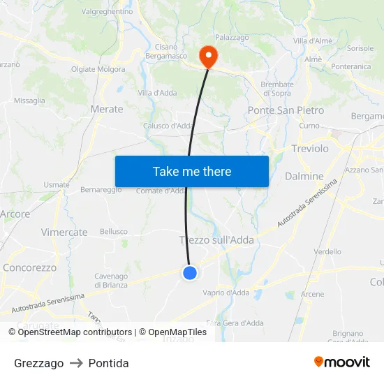 Grezzago to Pontida map