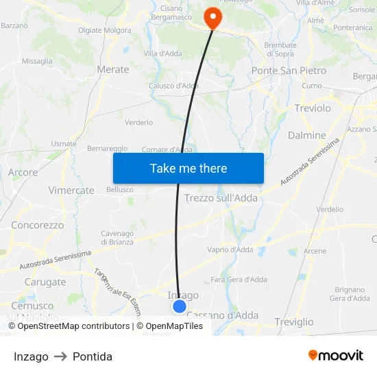 Inzago to Pontida map