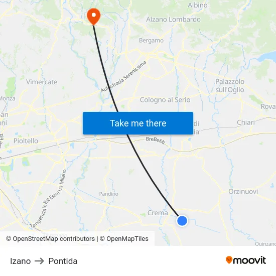 Izano to Pontida map