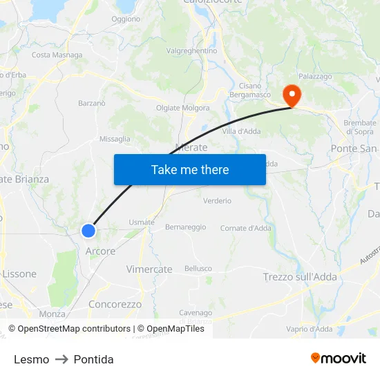 Lesmo to Pontida map