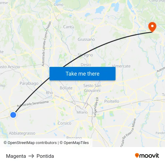 Magenta to Pontida map