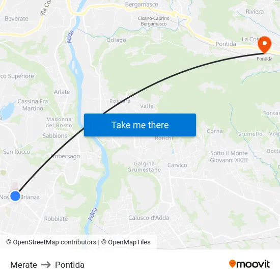 Merate to Pontida map