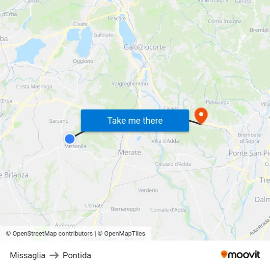 Missaglia to Pontida map