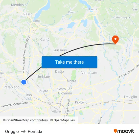 Origgio to Pontida map