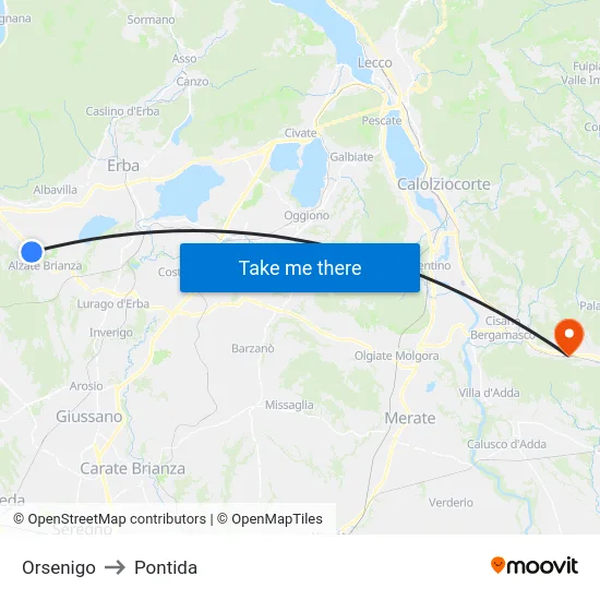 Orsenigo to Pontida map