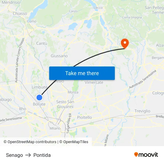 Senago to Pontida map