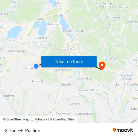 Sirtori to Pontida map