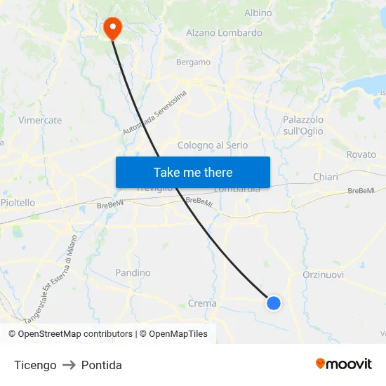 Ticengo to Pontida map
