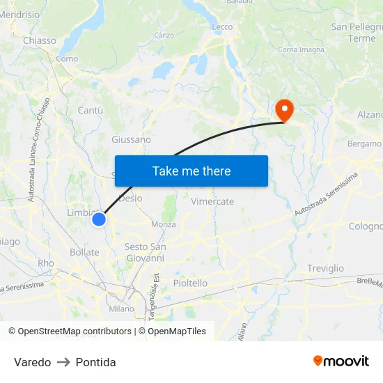 Varedo to Pontida map