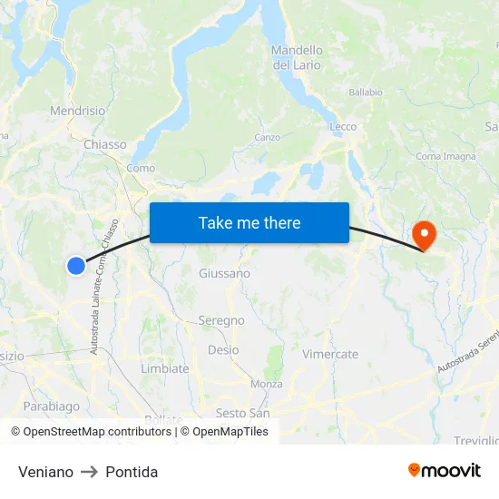 Veniano to Pontida map
