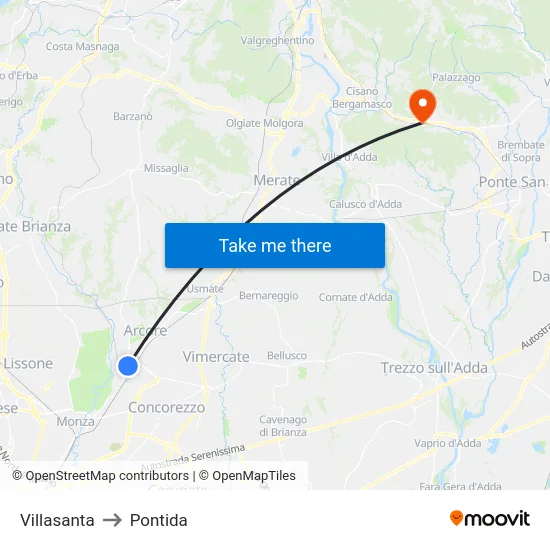 Villasanta to Pontida map
