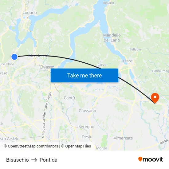 Bisuschio to Pontida map