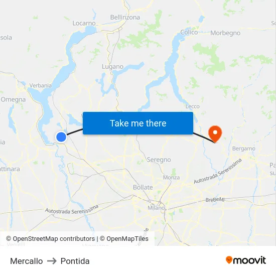 Mercallo to Pontida map