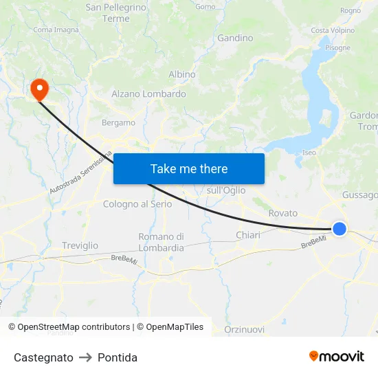 Castegnato to Pontida map