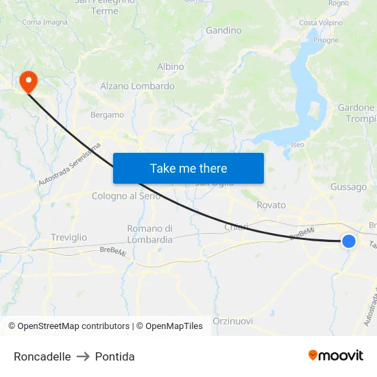 Roncadelle to Pontida map