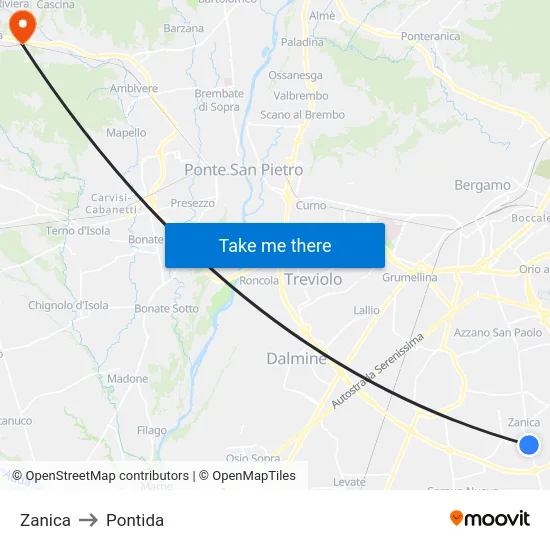 Zanica to Pontida map