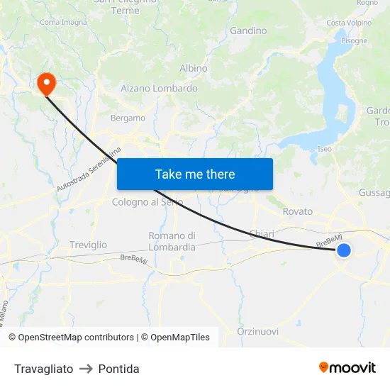 Travagliato to Pontida map