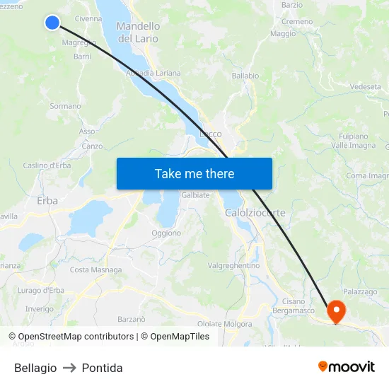 Bellagio to Pontida map