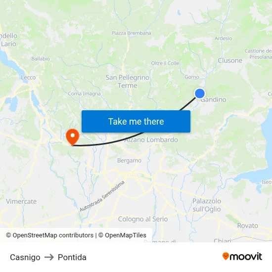 Casnigo to Pontida map