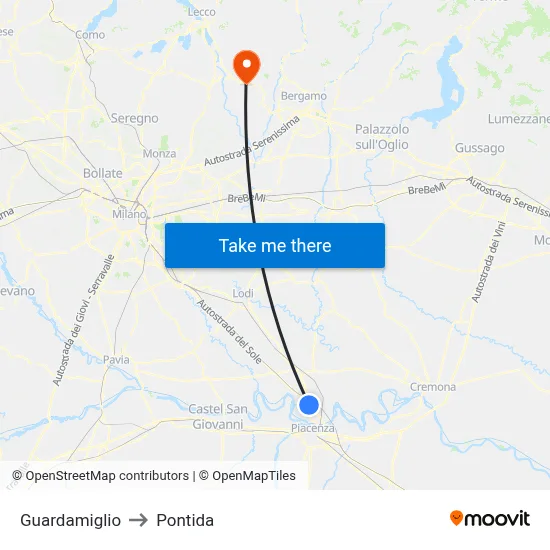 Guardamiglio to Pontida map
