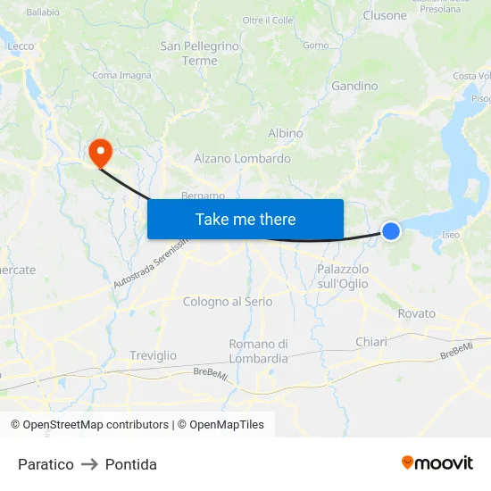 Paratico to Pontida map