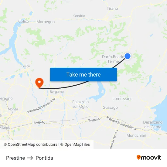 Prestine to Pontida map