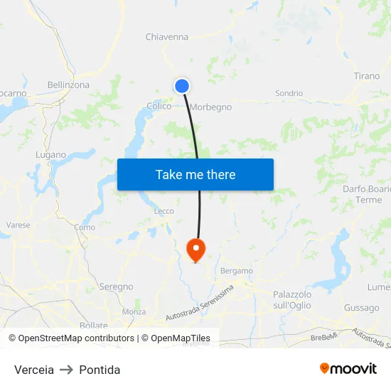 Verceia to Pontida map