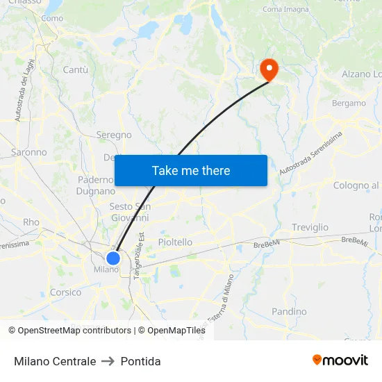 Milan Central to Pontida map