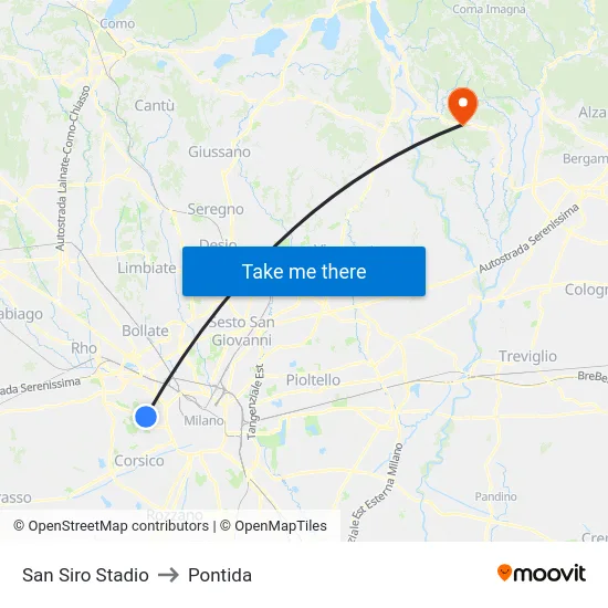 San Siro Stadium to Pontida map
